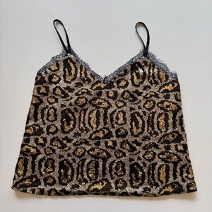 JOA Womens Black Gold Leopard Print Sparkly Sequin Cami Lace Neckline Size M
